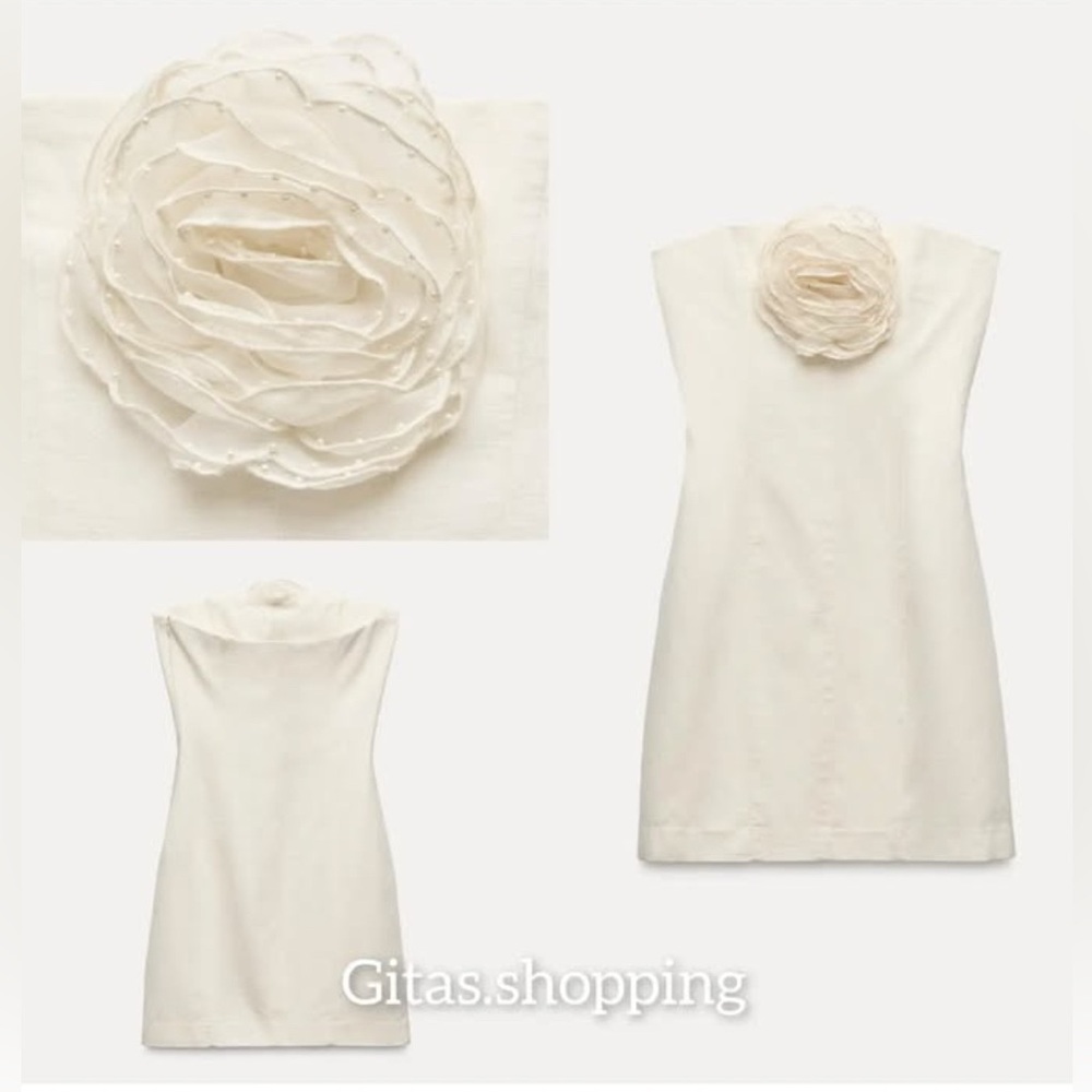 ZARA Elegant Cream Dress with Floral Detail size large